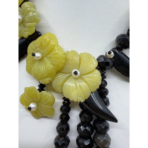 Chunky Beaded Yellow Jade Black Onyx Glass Statement Necklace Big Tropical Stone - Picture 7 of 9